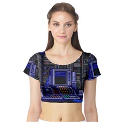 Blue Computer Monitor With Chair Game Digital Wallpaper, Digital Art Short Sleeve Crop Top