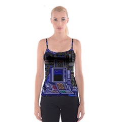 Blue Computer Monitor With Chair Game Digital Wallpaper, Digital Art Spaghetti Strap Top