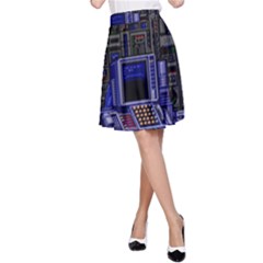 Blue Computer Monitor With Chair Game Digital Wallpaper, Digital Art A-line Skirt by Bakwanart