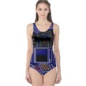 Blue Computer Monitor With Chair Game Digital Wallpaper, Digital Art One Piece Swimsuit View1