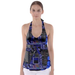 Blue Computer Monitor With Chair Game Digital Wallpaper, Digital Art Babydoll Tankini Top by Bakwanart