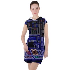 Blue Computer Monitor With Chair Game Digital Wallpaper, Digital Art Drawstring Hooded Dress