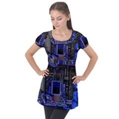 Blue Computer Monitor With Chair Game Digital Wallpaper, Digital Art Puff Sleeve Tunic Top by Bakwanart