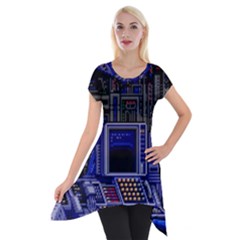 Blue Computer Monitor With Chair Game Digital Wallpaper, Digital Art Short Sleeve Side Drop Tunic by Bakwanart