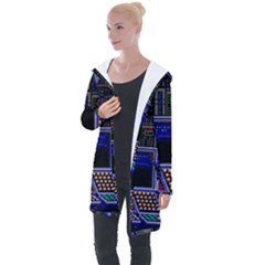 Blue Computer Monitor With Chair Game Digital Wallpaper, Digital Art Longline Hooded Cardigan