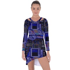 Blue Computer Monitor With Chair Game Digital Wallpaper, Digital Art Asymmetric Cut-Out Shift Dress