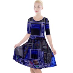 Blue Computer Monitor With Chair Game Digital Wallpaper, Digital Art Quarter Sleeve A-line Dress by Bakwanart