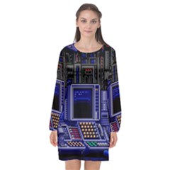 Blue Computer Monitor With Chair Game Digital Wallpaper, Digital Art Long Sleeve Chiffon Shift Dress 