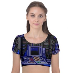 Blue Computer Monitor With Chair Game Digital Wallpaper, Digital Art Velvet Short Sleeve Crop Top  by Bakwanart