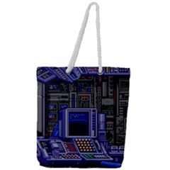 Blue Computer Monitor With Chair Game Digital Wallpaper, Digital Art Full Print Rope Handle Tote (large) by Bakwanart