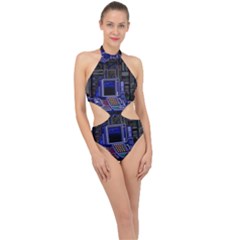 Blue Computer Monitor With Chair Game Digital Wallpaper, Digital Art Halter Side Cut Swimsuit