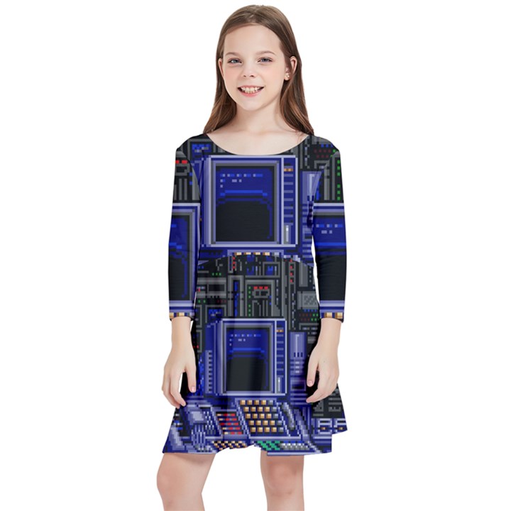 Blue Computer Monitor With Chair Game Digital Wallpaper, Digital Art Kids  Quarter Sleeve Skater Dress