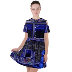 Blue Computer Monitor With Chair Game Digital Wallpaper, Digital Art Short Sleeve Shoulder Cut Out Dress 