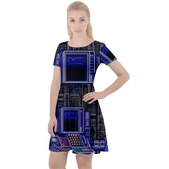 Blue Computer Monitor With Chair Game Digital Wallpaper, Digital Art Cap Sleeve Velour Dress 