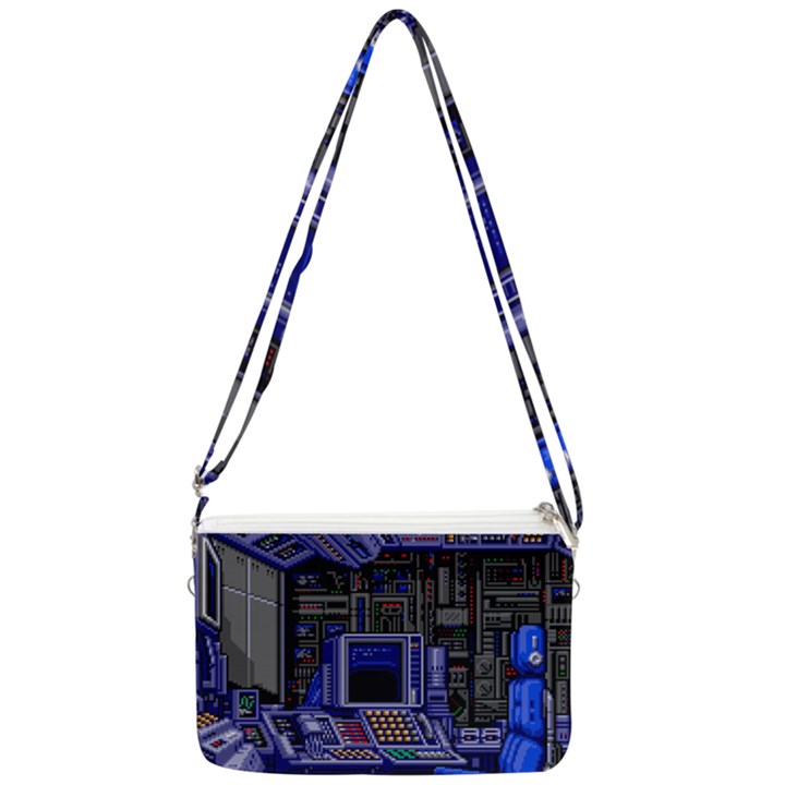 Blue Computer Monitor With Chair Game Digital Wallpaper, Digital Art Double Gusset Crossbody Bag