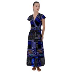 Blue Computer Monitor With Chair Game Digital Wallpaper, Digital Art Flutter Sleeve Maxi Dress