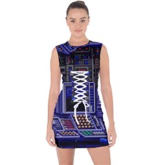 Blue Computer Monitor With Chair Game Digital Wallpaper, Digital Art Lace Up Front Bodycon Dress by Bakwanart