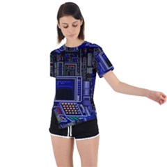 Blue Computer Monitor With Chair Game Digital Wallpaper, Digital Art Asymmetrical Short Sleeve Sports Tee by Bakwanart