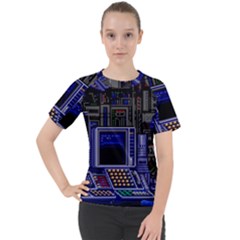 Blue Computer Monitor With Chair Game Digital Wallpaper, Digital Art Women s Sport Raglan Tee