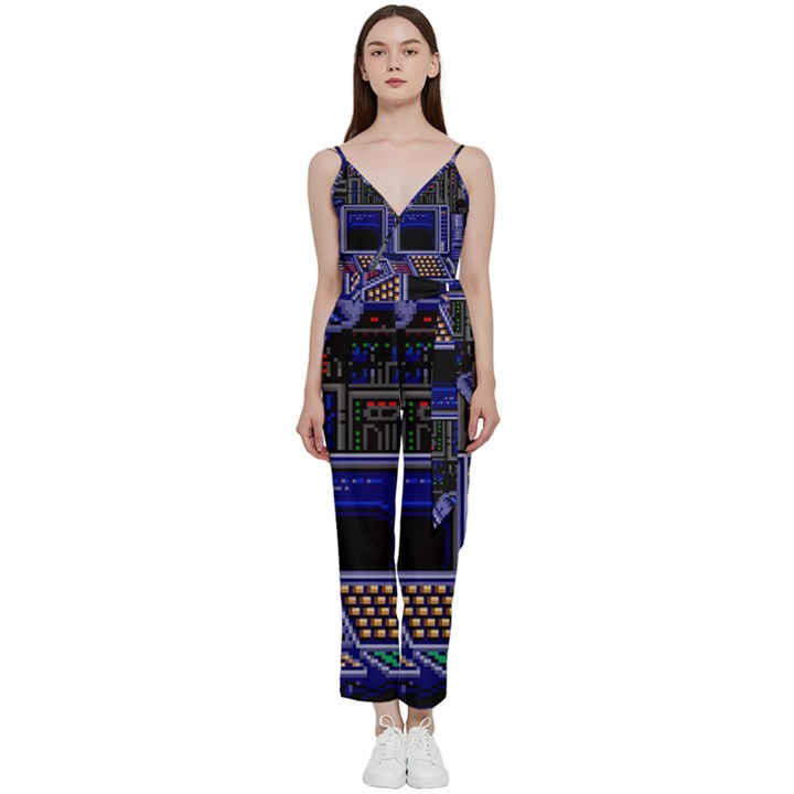 Blue Computer Monitor With Chair Game Digital Wallpaper, Digital Art V-Neck Spaghetti Strap Tie Front Jumpsuit