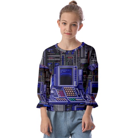 Blue Computer Monitor With Chair Game Digital Wallpaper, Digital Art Kids  Cuff Sleeve Top by Bakwanart