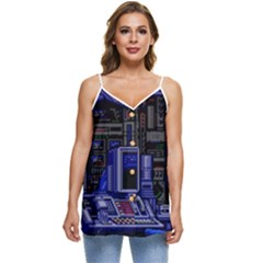 Blue Computer Monitor With Chair Game Digital Wallpaper, Digital Art Casual Spaghetti Strap Chiffon Top by Bakwanart