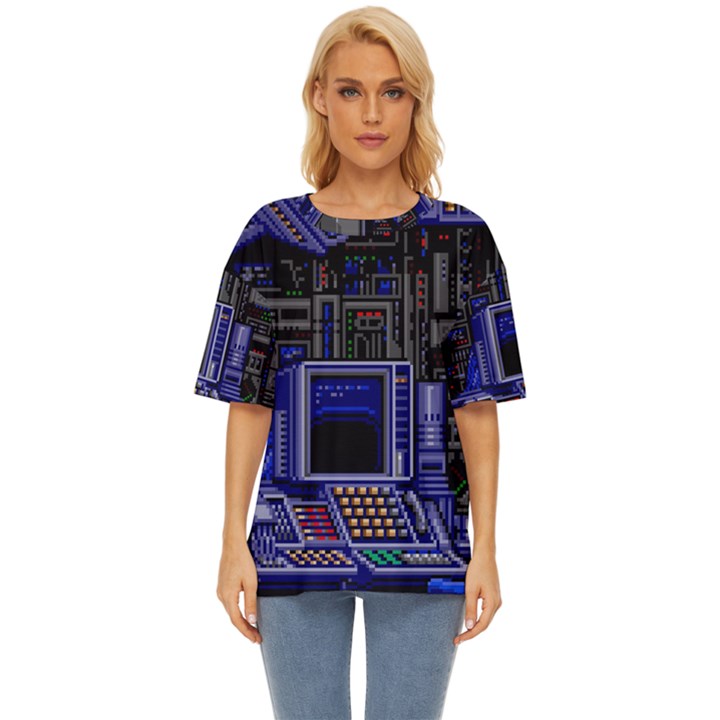 Blue Computer Monitor With Chair Game Digital Wallpaper, Digital Art Oversized Basic Tee