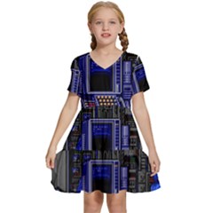 Blue Computer Monitor With Chair Game Digital Wallpaper, Digital Art Kids  Short Sleeve Tiered Mini Dress