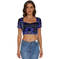 Blue Computer Monitor With Chair Game Digital Wallpaper, Digital Art Short Sleeve Square Neckline Crop Top  by Bakwanart