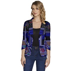 Blue Computer Monitor With Chair Game Digital Wallpaper, Digital Art Women s One-button 3/4 Sleeve Short Jacket by Bakwanart