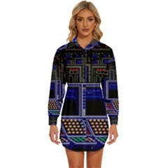 Blue Computer Monitor With Chair Game Digital Wallpaper, Digital Art Womens Long Sleeve Shirt Dress