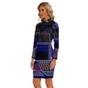 Blue Computer Monitor With Chair Game Digital Wallpaper, Digital Art Long Sleeve Shirt Collar Bodycon Dress View2