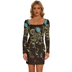 Astronaut Playing Guitar Parody Long Sleeve Square Neck Bodycon Velvet Dress by Bakwanart