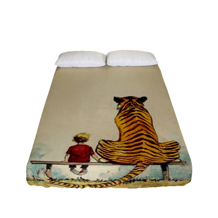 Tiger Sitting Beside Boy Painting Parody Cartoon Fitted Sheet (Full/ Double Size)