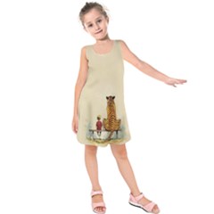 Tiger Sitting Beside Boy Painting Parody Cartoon Kids  Sleeveless Dress by Bakwanart