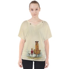 Tiger Sitting Beside Boy Painting Parody Cartoon V-neck Dolman Drape Top by Bakwanart