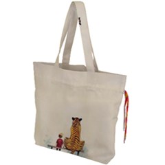 Tiger Sitting Beside Boy Painting Parody Cartoon Drawstring Tote Bag by Bakwanart