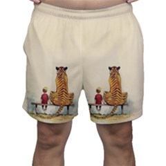 Tiger Sitting Beside Boy Painting Parody Cartoon Men s Shorts by Bakwanart