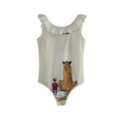 Tiger Sitting Beside Boy Painting Parody Cartoon Kids  Frill Swimsuit by Bakwanart