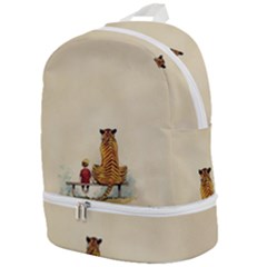 Tiger Sitting Beside Boy Painting Parody Cartoon Zip Bottom Backpack by Bakwanart