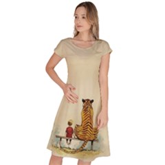 Tiger Sitting Beside Boy Painting Parody Cartoon Classic Short Sleeve Dress by Bakwanart