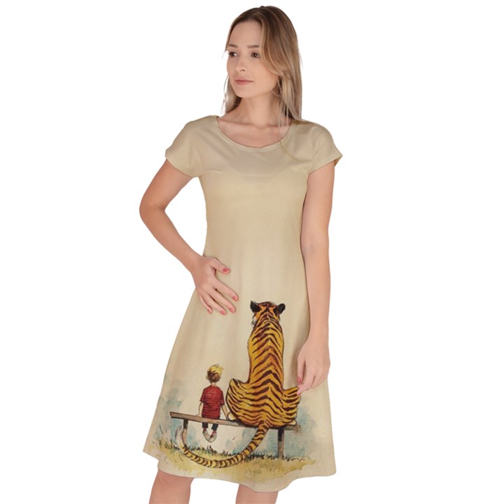 Tiger Sitting Beside Boy Painting Parody Cartoon Classic Short Sleeve Dress