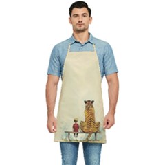 Tiger Sitting Beside Boy Painting Parody Cartoon Kitchen Apron by Bakwanart