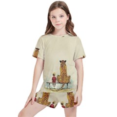 Tiger Sitting Beside Boy Painting Parody Cartoon Kids  Tee And Sports Shorts Set by Bakwanart