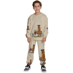 Tiger Sitting Beside Boy Painting Parody Cartoon Kids  Sweatshirt Set by Bakwanart