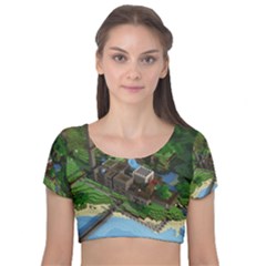 Green Village Miniature Technology Velvet Short Sleeve Crop Top  by Bakwanart