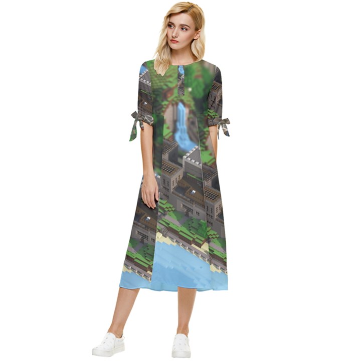 Green Village Miniature Technology Bow Sleeve Chiffon Midi Dress