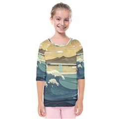 Sea Asia, Waves Japanese Art The Great Wave Off Kanagawa Kids  Quarter Sleeve Raglan Tee