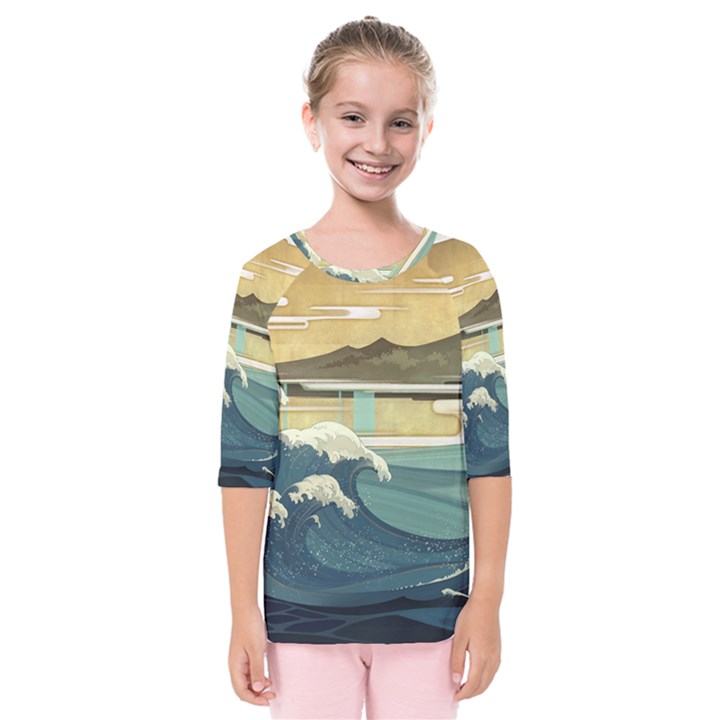 Sea Asia, Waves Japanese Art The Great Wave Off Kanagawa Kids  Quarter Sleeve Raglan Tee