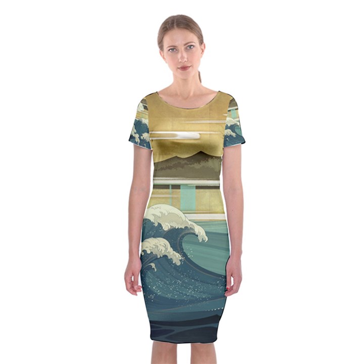 Sea Asia, Waves Japanese Art The Great Wave Off Kanagawa Classic Short Sleeve Midi Dress